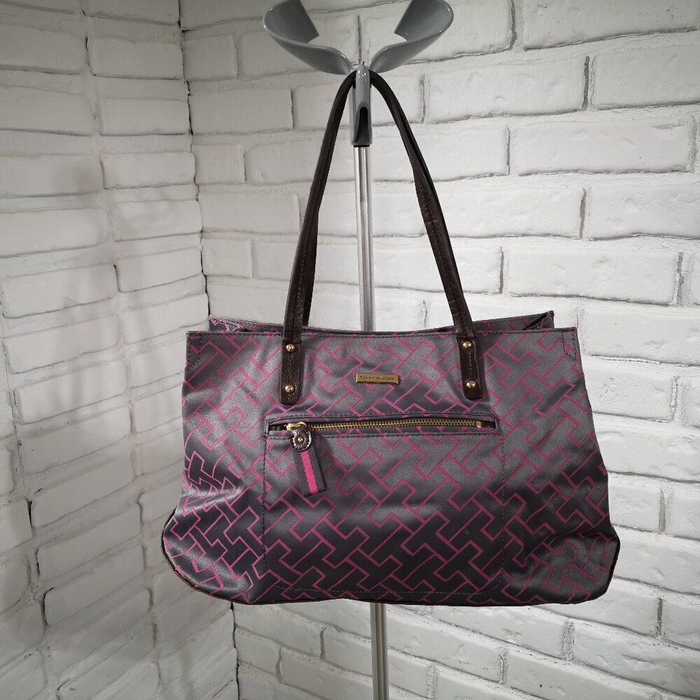 Tommy Hilfiger Grey & Pink Patterned with Brown Handles Handbag
